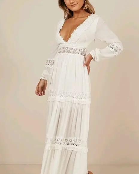 Vestido Longo Renda Grupir Manga Longa Seda