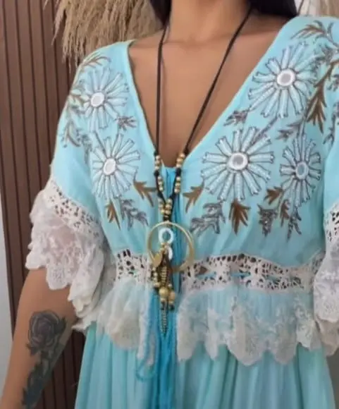 Vestido Longo Tecido Algodão Bordado Artesanal Boyo Chic