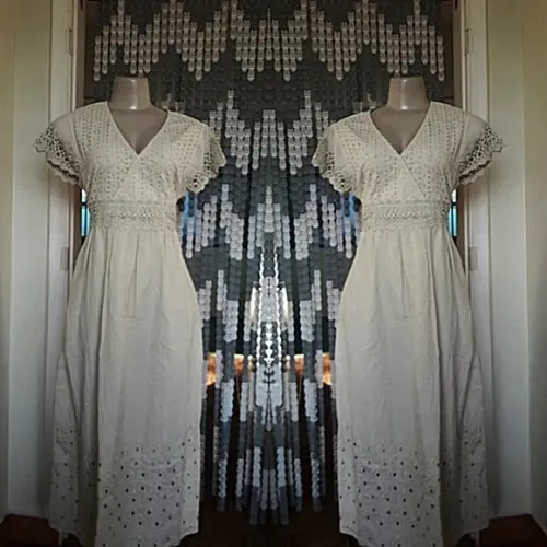 vestido longo tecido algodão lese bolsos renda promoção