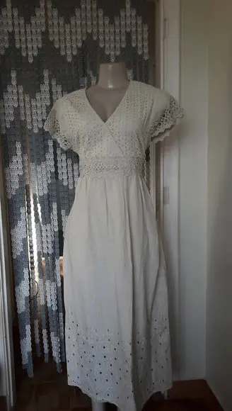 vestido longo tecido algodão lese bolsos renda promoção