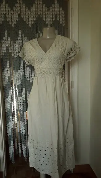 vestido longo tecido algodão lese bolsos renda promoção