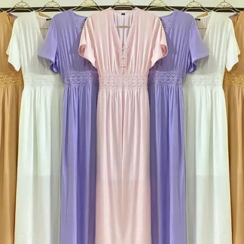 vestido longo tecido renda botões manga curta