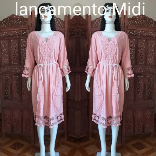 Vestido Midi Bordado Renda Guipir Manga 3/4