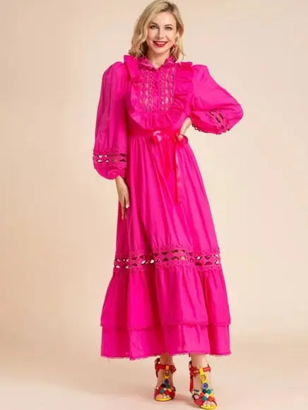 Vestido Pink Detalhes Renda Manga Longa Festa