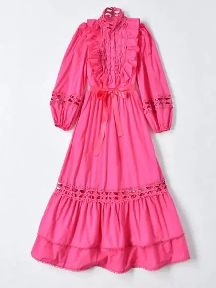 Vestido Pink Detalhes Renda Manga Longa Festa