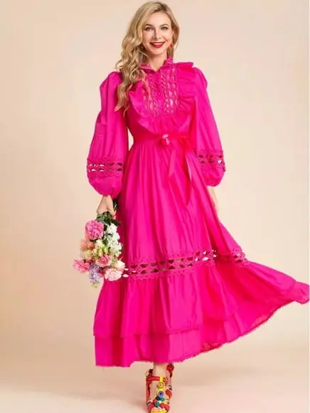 Vestido Pink Detalhes Renda Manga Longa Festa