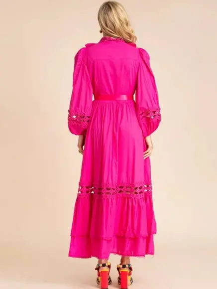 Vestido Pink Detalhes Renda Manga Longa Festa