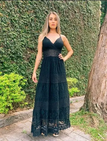 vestido renda grupir longo preto festa