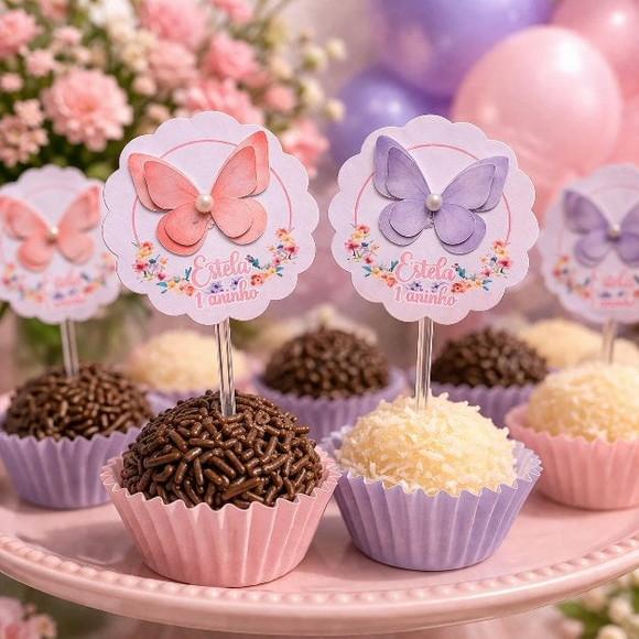 30 Topper Docinho Cupcake Borboleta Lilás e Rosa Jardim