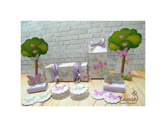 Kit Festa Jardim Borboletas Lilás e Verde 80 Ítens