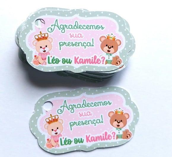 50 Tag Agradecimento Chá Revelação Ursinho Rosa e Verde