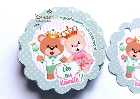 50 Tag Agradecimento Chá Revelação Ursinho Rosa e Verde