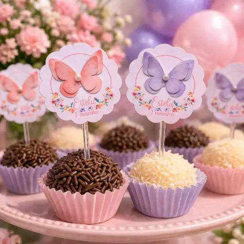 30 Topper Docinho Cupcake Borboleta Lilás e Rosa Jardim