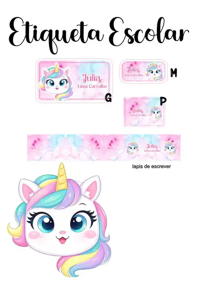 Etiqueta Escolar Unicórnio - Kit 3