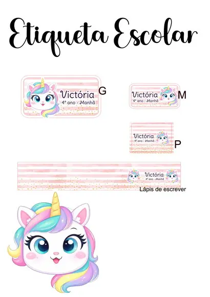 Etiqueta Escolar Unicórnio - Kit 3