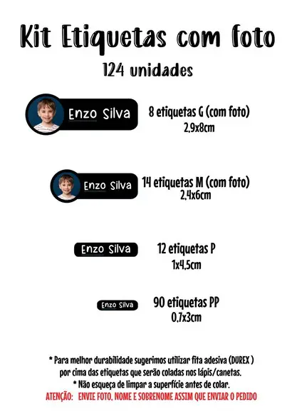 Kit Etiqueta Escolar Lavável com Foto Borda Preta