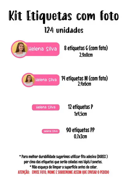 Kit Etiqueta Escolar Lavável com Foto Borda Pink