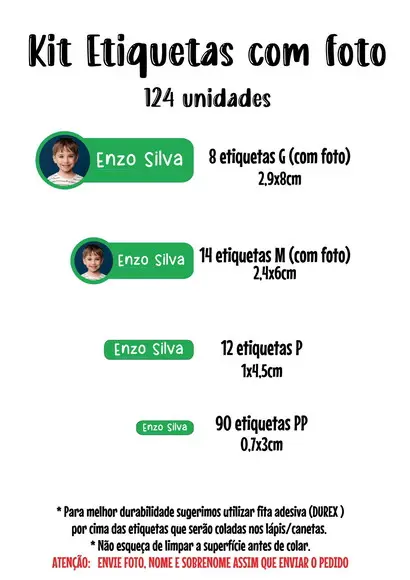 Kit Etiqueta Escolar Lavável com Foto Borda Verde