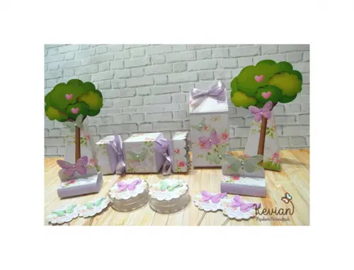 Kit Festa Jardim Borboletas Lilás e Verde 80 Ítens