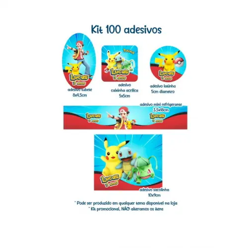 Kit 100 Adesivos Festa Pokemon