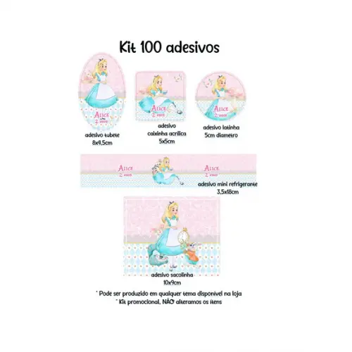 Kit 100 Adesivos Alice no País das Maravilhas