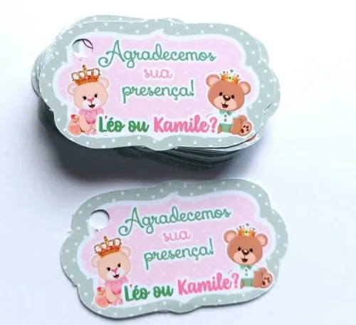50 Tag Agradecimento Chá Revelação Ursinho Rosa e Verde
