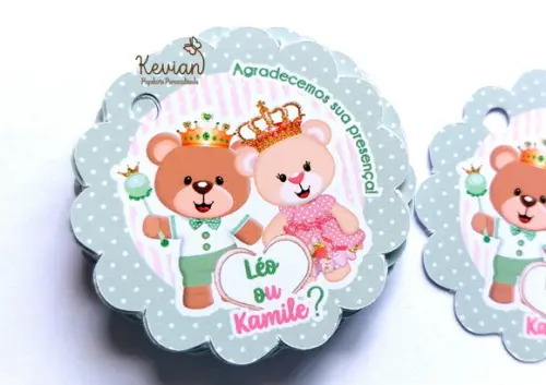 50 Tag Agradecimento Chá Revelação Ursinho Rosa e Verde