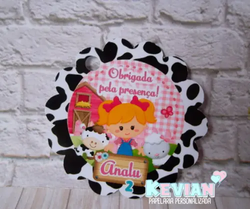 40 Tag Agradecimento Fazendinha Rosa 5cm
