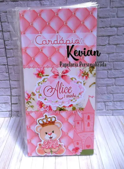 Cardápio Menu Ursinha Princesa com Aplique Alto Relevo