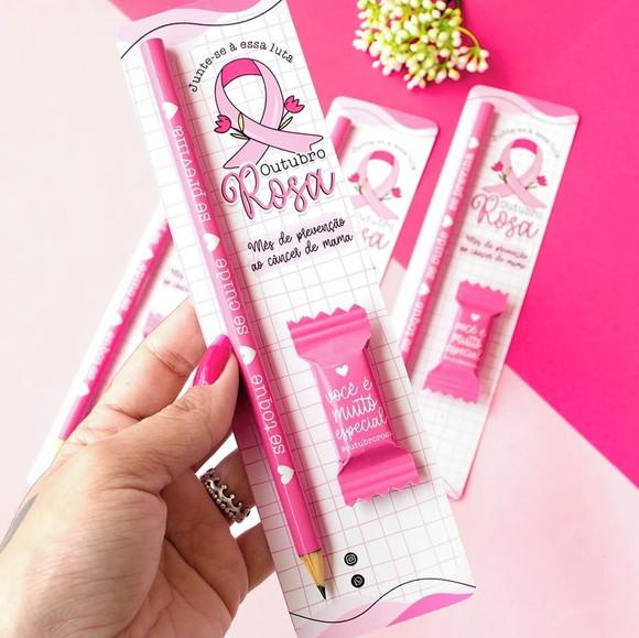 Cartão com Lápis e Balinha Personalizados Outubro Rosa