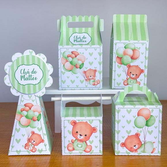 Kit 30 Caixas Chá de Bebê Ursinho Verde Pegue e Monte