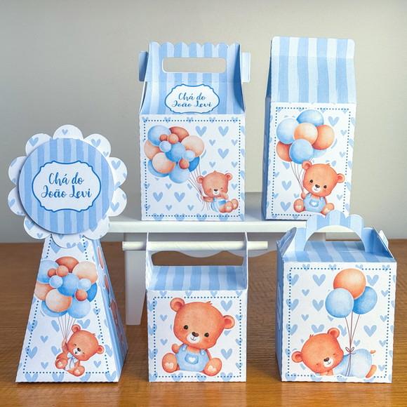 Kit 30 Caixas Chá de Bebê Ursinho Azul Pegue e Monte