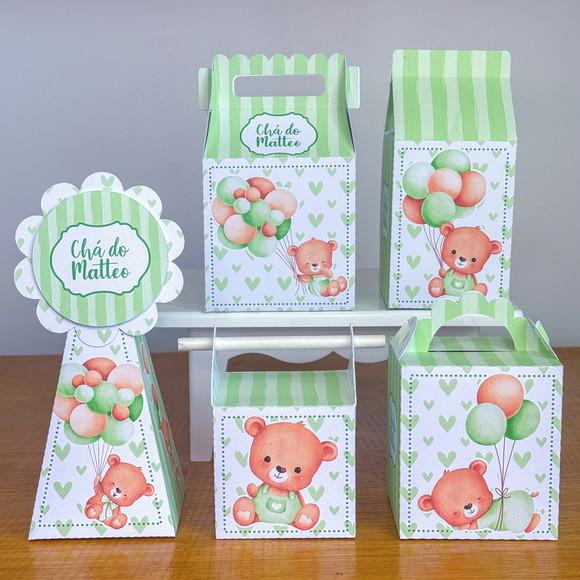 Kit 20 Caixas Chá de Bebê Ursinho Verde Pegue e Monte