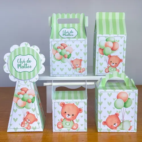 Kit 30 Caixas Chá de Bebê Ursinho Verde Pegue e Monte