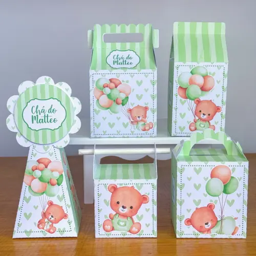 Kit 20 Caixas Chá de Bebê Ursinho Verde Pegue e Monte