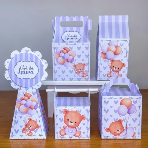 Kit 20 Caixas Chá de Bebê Ursinho Lilás Pegue e Monte