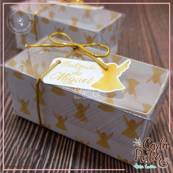 Caixa para 2 Doces Tampa de Acetato Batizado Dourado