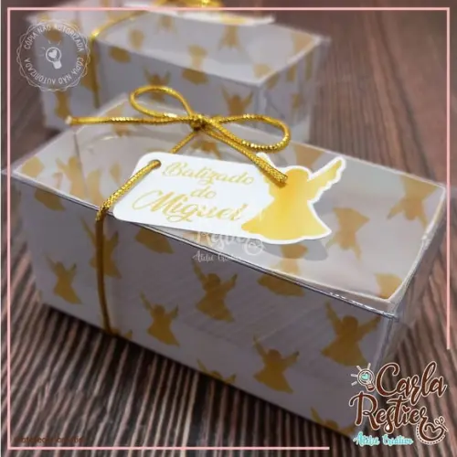 Caixa para 2 Doces Tampa de Acetato Batizado Dourado