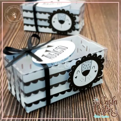 Caixa para 2 Doces Tampa de Acetato Leão Minimalista