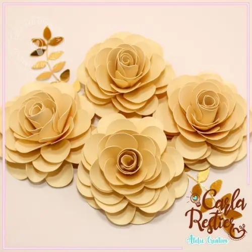 Rosa de Papel Marfim com Folhagem Dourada