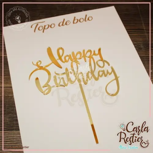 Topo Bolo Happy Birthday Acrílico Dourado