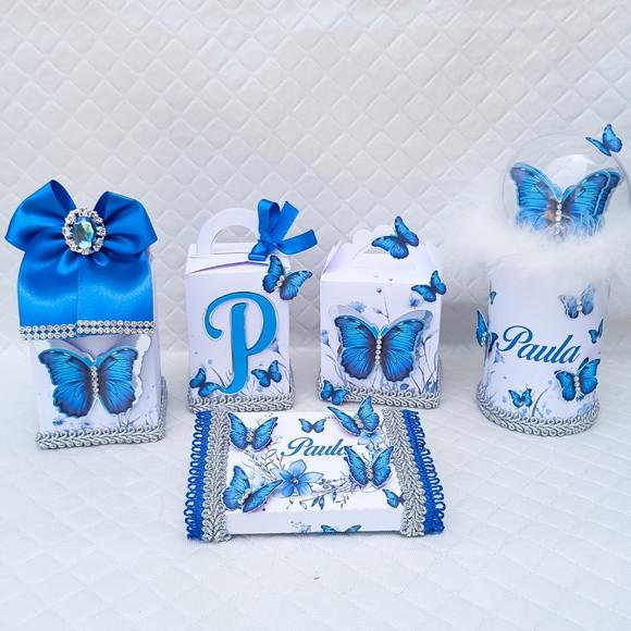 Kit 20 Caixas Personalizado Borboleta Azul Luxo