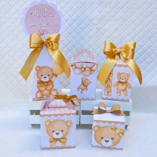 Kit 20 Caixas Personalizado Chá Revelação Ursinho Dourado