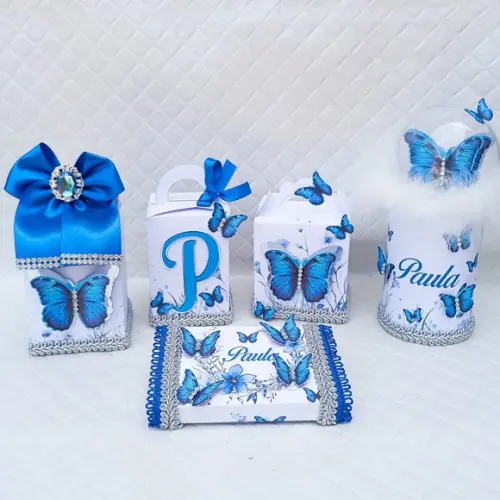 Kit 20 Caixas Personalizado Borboleta Azul Luxo