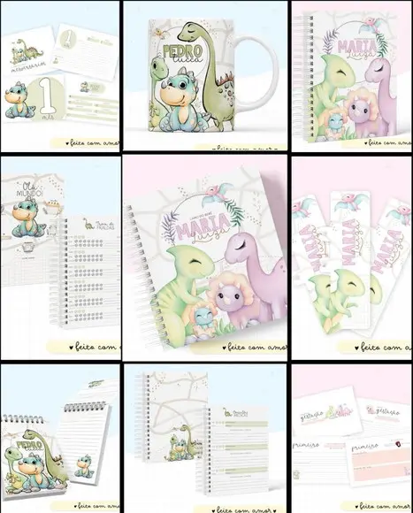 Combo Caderneta e Livros Dino Aquarela Menina e Menino