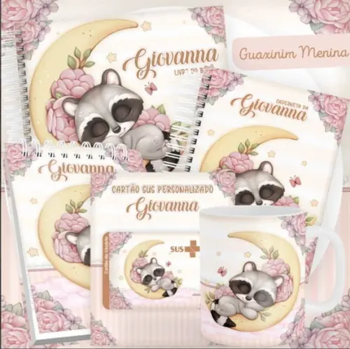 Combo Caderneta e Livro Guaxinim Menina Arquivo Digital