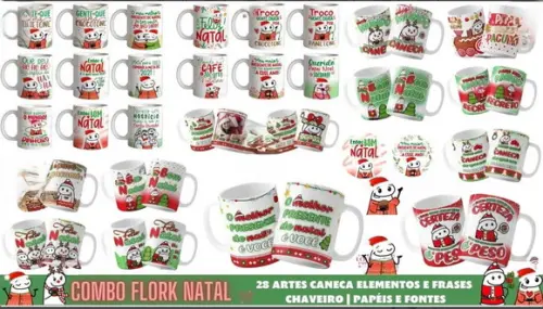 Combo Flork Natal Arte Caneca Elementos Frases e Papéis