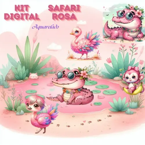 Kit Digital Safari Rosa Aquarelado