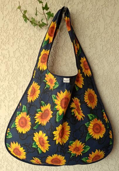 Bolsa Sacola em Tecido Beguis Azul Marinho Girassol