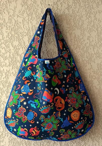 Bolsa Sacola em Tecido Azul Marinho floral Horoscopo Zodiaco